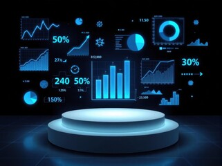 Sleek podium amidst a galaxy of vibrant data visualizations – Where statistics come to life in a futuristic showcase