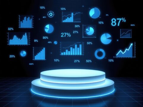 Sleek podium amidst a galaxy of vibrant data visualizations – Where statistics come to life in a futuristic showcase