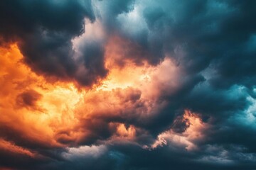 Obraz premium Dramatic clouds illuminated by vibrant sunset colors.