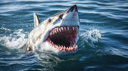 Naklejka premium A great white shark breaching the surface with its mouth open, displaying sharp teeth.