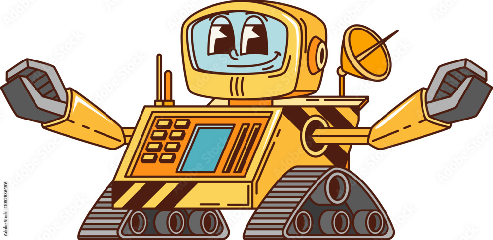 Aufkleber retro robot or groovy cartoon character bot on wheels, vector comic android. funky groovy retro robo