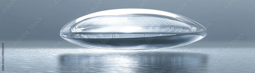 Poster a transparent, oval-shaped object resting on a smooth surface, reflecting light.