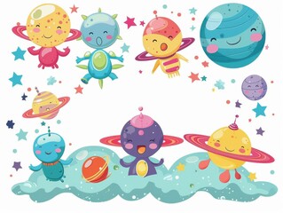 Playful cartoon aliens and planets space digital art colorful whimsical