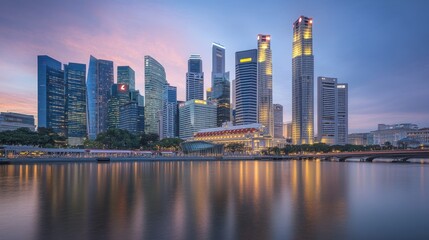 Fototapeta premium A vibrant city skyline at dusk with modern skyscrapers reflected in the water.