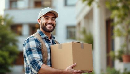 Delivery man smiling and holding a cardboard box, delivery boy, home delivery concept, 