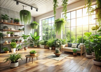 Minimalist Botanical Room with Wooden Floor and Green Plants Decor for Tranquil Living Spaces, Emphasizing Nature's Serenity and Simplicity in Interior Design