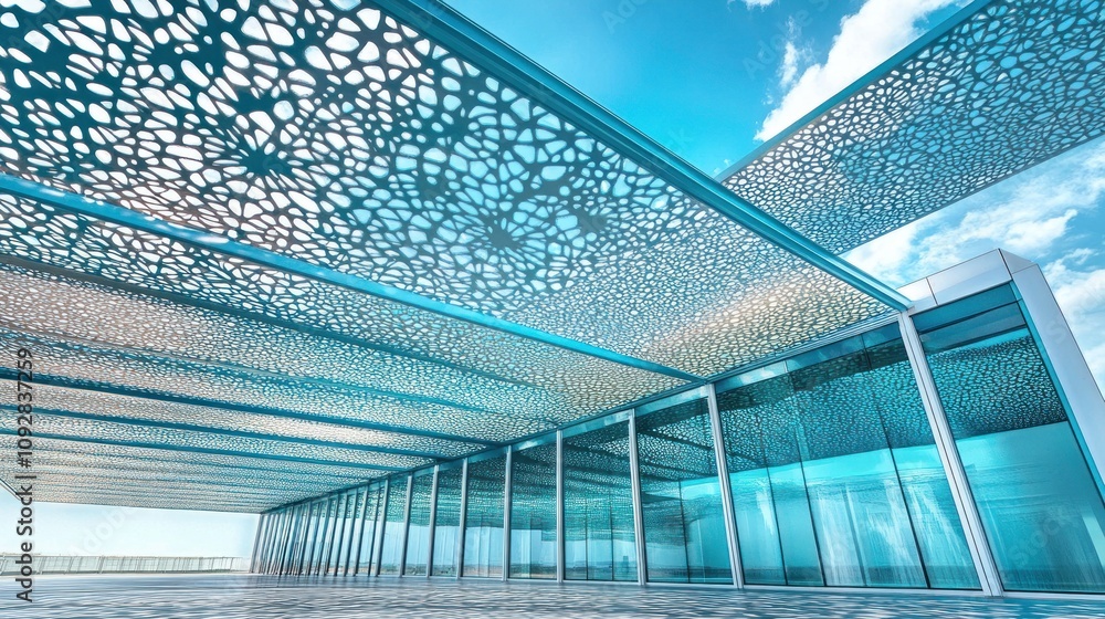 Aufkleber modern architectural structure with intricate patterns and glass elements under a blue sky.