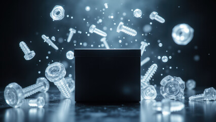 A dynamic image featuring a black box with AI technology surrounded by flying screws, suggesting complexity or disassembly of AI systems.