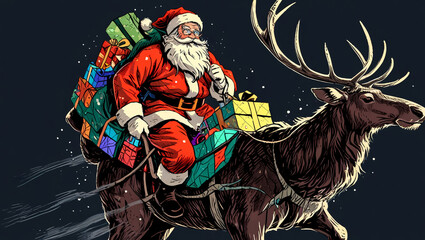 Santa Claus riding reindeer while bringing gifts, Christmas
