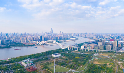 Aerial view of Shanghai skyline and HuangPu river at sunset.