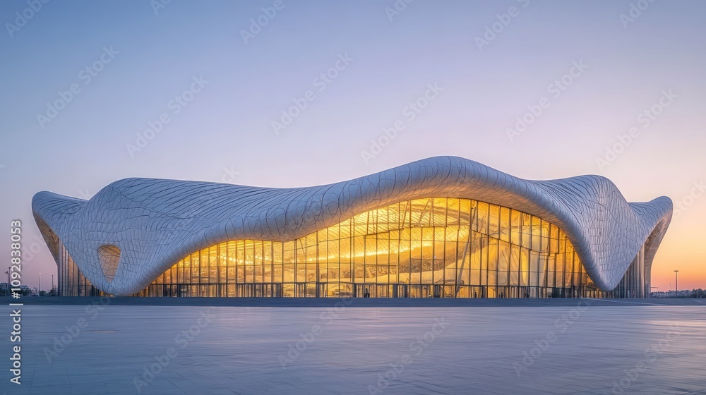 Poster A modern architectural structure with a flowing design, illuminated at dusk.