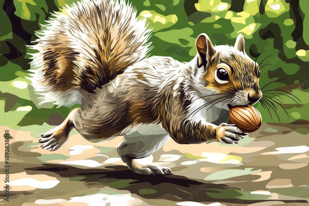 Poster A squirrel running with an acorn in a natural, green setting.
