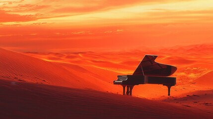 Grand piano placed in a vast desert during a vibrant sunset sky. Generative AI