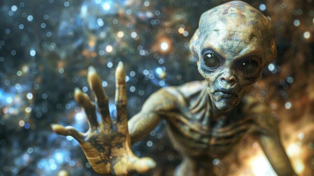 Alien encounter realistic figure reaching in cosmic space scene