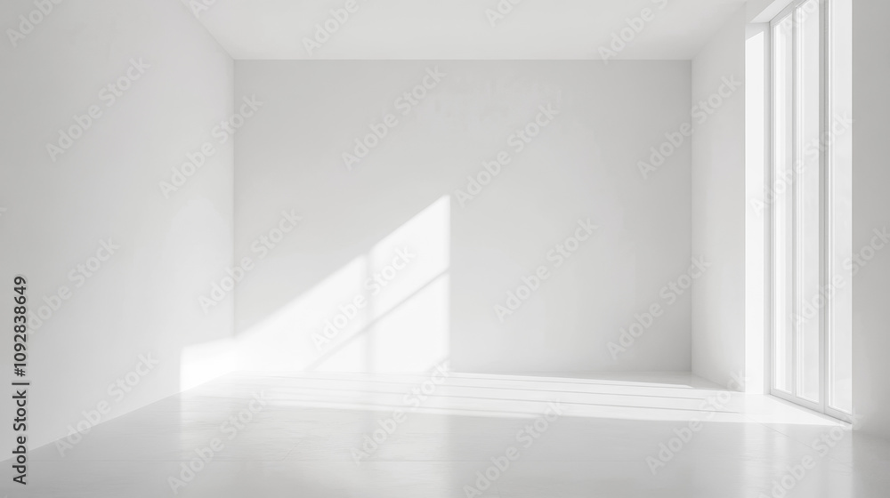 Fototapete White room empty background mock up with window sunlight and shadows copy space interior design. Room with empty space and white walls