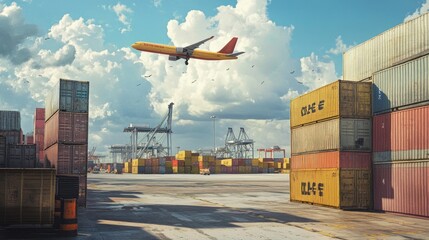 Containers in the shipping yard, shipping port, there's an airplane in the sky 