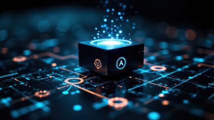 A digital representation of an AI black box with glowing elements on a circuit board background.
