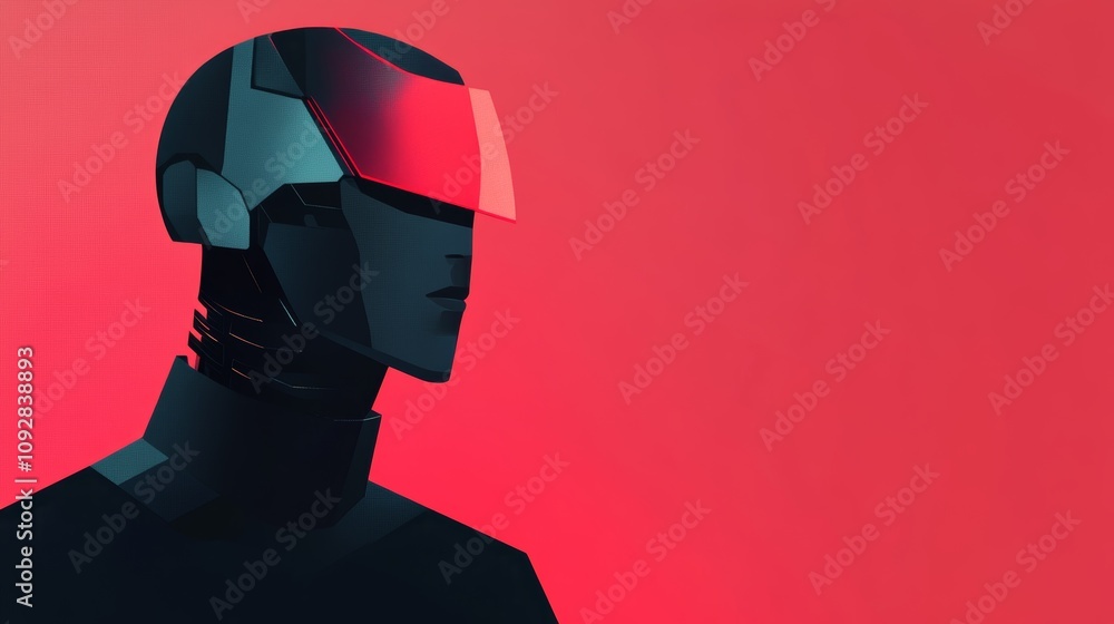 Poster futuristic robot figure with a sleek design and glowing visor against a bold red background
