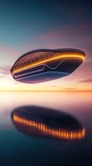 Obraz premium A futuristic, hovering vehicle with glowing accents above a calm water surface at sunset.