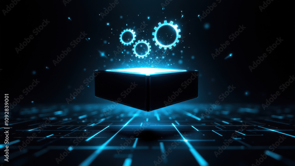 Poster intelligent ai box with glowing lights and digital grid background.