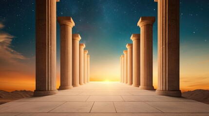 Ancient columns leading to a sunset on a clear starry night.
