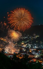 Fototapeta premium Colorful fireworks bursting over a city, vibrant Festival of Lights celebration