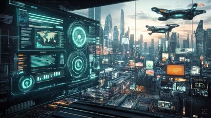 Futuristic cityscape with digital interfaces and drones in a high-tech environment.