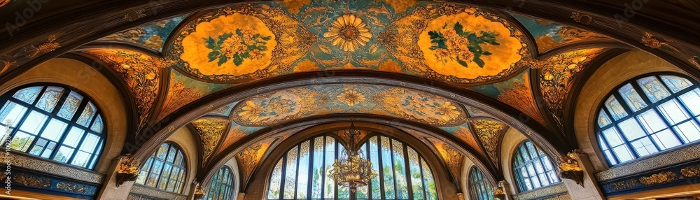 Poster ornate ceiling with colorful floral patterns and arches in a spacious architectural setting.