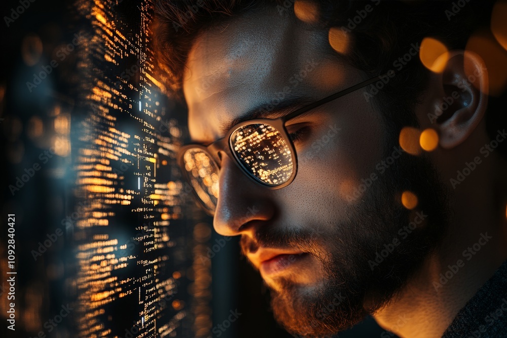 Aufkleber a side portrait of a thoughtful man wearing glasses, reflecting lines of illuminated computer code, 