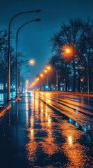 A rainy urban street illuminated by warm streetlights at night.