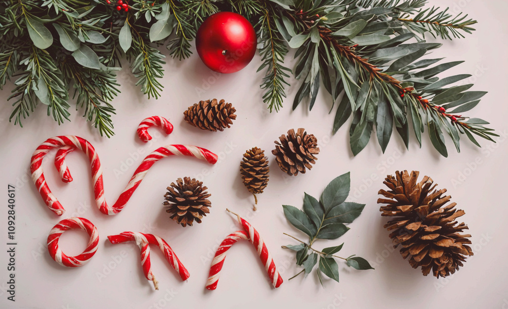 Poster bunch of pine cones and candy canes are on a white background. there are at least five pine cones an