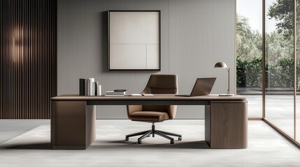 Fototapeta premium Transforming workspaces modern executive office with minimalist desk contemporary interior inspiring environment flexible design