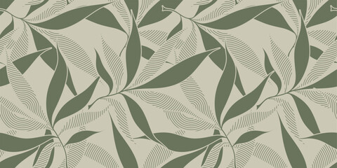 Abstract floral green palm leaves seamless pattern Matisse style.