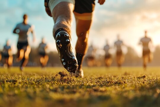 A group of athletes is running on a grassy field at sunrise, highlighting their determination and energy in this dynamic outdoor sports environment.