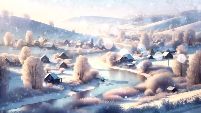 Snowy village with frosty river winding through white winter hills Seamless looping 4k time-lapse animation video background  