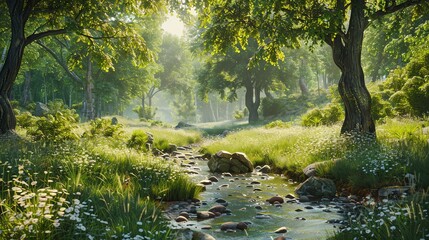 Obraz premium Sunny forest stream with green trees and white flowers.