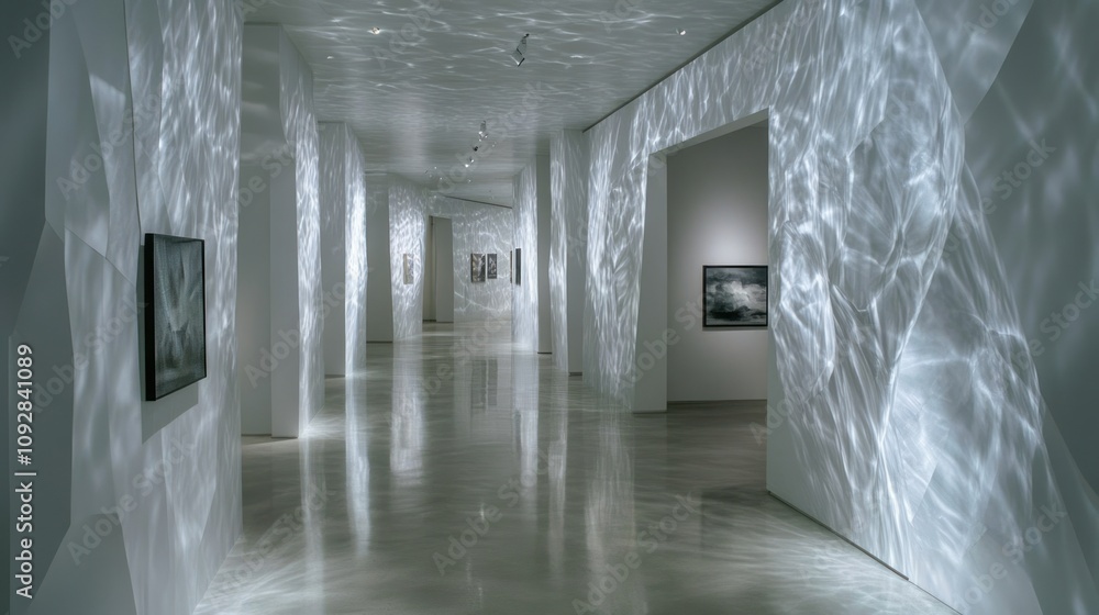 Poster a modern art gallery with illuminated walls creating a serene atmosphere.