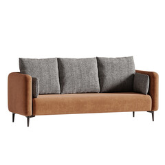 Obraz premium A brown couch with gray pillows and a gray and white pattern