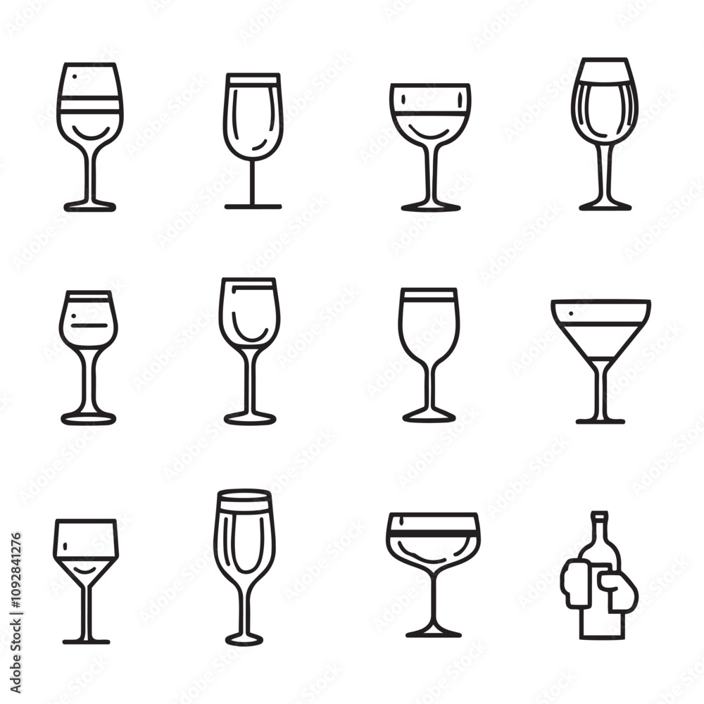 Poster set of wine glass icon graphics elements outline symbol for web isolated vector design