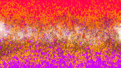 Abstract artwork featuring a dense array of colorful splatters and dots. The colors transition from red at the top, through orange and white in the middle, to purple at the bottom