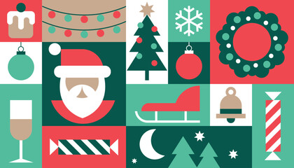 Christmas geometric background. Seamless pattern with simple traditional icons, graphic new year design. Modern vector illustration. Abstract christmas mosaic, square ornament. Tile banner.