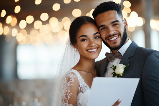 A joyful bride and groom in a beautifully decorated venue, smiling, holding a marriage certificate, symbolizing their love and celebration of unity together.