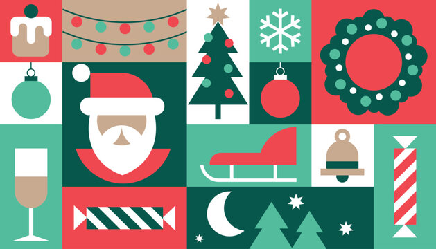 Christmas geometric background. Seamless pattern with simple traditional icons, graphic new year design. Modern vector illustration. Abstract christmas mosaic, square ornament. Tile banner.