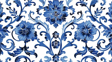 Seamless pattern of blue flowers and vines on a white background.
