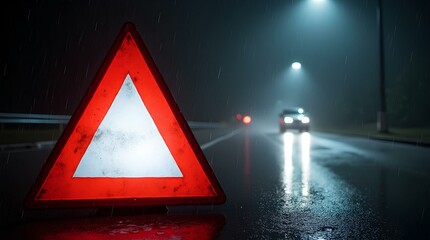 Road triangle danger sign on wet road at night in the rain, illuminated by car headlights. Concept of road safety, car accidents and unfavorable weather conditions.
