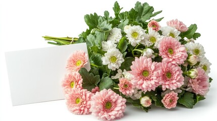 Obraz premium White greeting card and a bouquet of pink and white flowers, isolated against a white background.