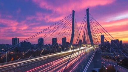 Fototapeta premium A modern suspension bridge in a bustling city skyline at sunset, cars passing by 