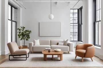 Fototapeta premium Create modern workspaces shared office space urban location minimalist interior open environment flexible design concept