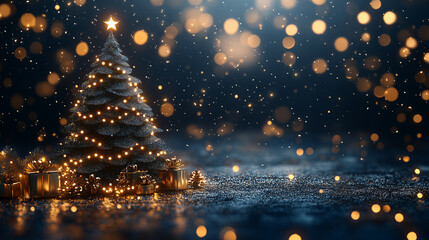 Naklejka premium Green Christmas tree on blue background, banner with copy space