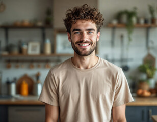Obraz premium Close up of a young handsome positive curly man with blue eyes with a smiling face wearing casual beige t-shirt looking at camera and standing alone in morning in the modern kitchen at home.